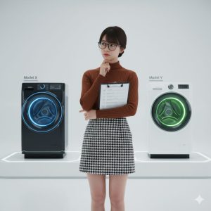 <img data-src="comparison_points.jpg" alt="ドラム式洗濯機の比較検討項目をチェックする知的な女性">