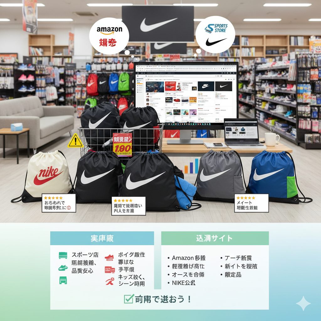 スポーツ用品店とオンラインストアで様々なナイキのナップサックが陳列されている様子