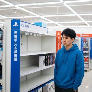 家電量販店のPS4コントローラー売り場で、棚が空になっているのを見て落胆している日本人男性。