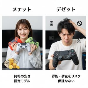 PS4コントローラーの中古品購入におけるメリット（安さ、限定品）とデメリット（故障リスク、保証なし）を左右に分けて視覚的に比較している様子。