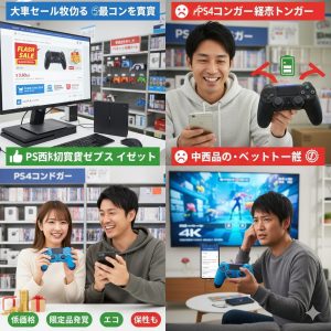 パソコン画面に表示されたセール中のオンラインストアと、手元にあるPS4コントローラーを見ながら、お得な購入方法を検討している日本人男性。