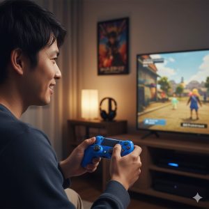 新しく手に入れたPS4純正コントローラーを使い、自宅のリビングで満足そうにゲームを楽しんでいる日本の若者。