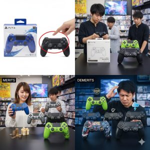 左側に公式パッケージに入ったPS4純正コントローラー、右側にパッケージのない非純正品を並べ、違いを比較している注意喚起の画像。