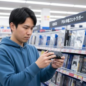 日本のゲームショップの店内で、棚から中古のPS4コントローラーを手に取り、状態を真剣にチェックしているアジア系の男性客。
