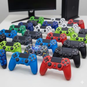デザインや色が異なる様々な種類のPS4用非純正コントローラーが、きれいに並べられている様子。
