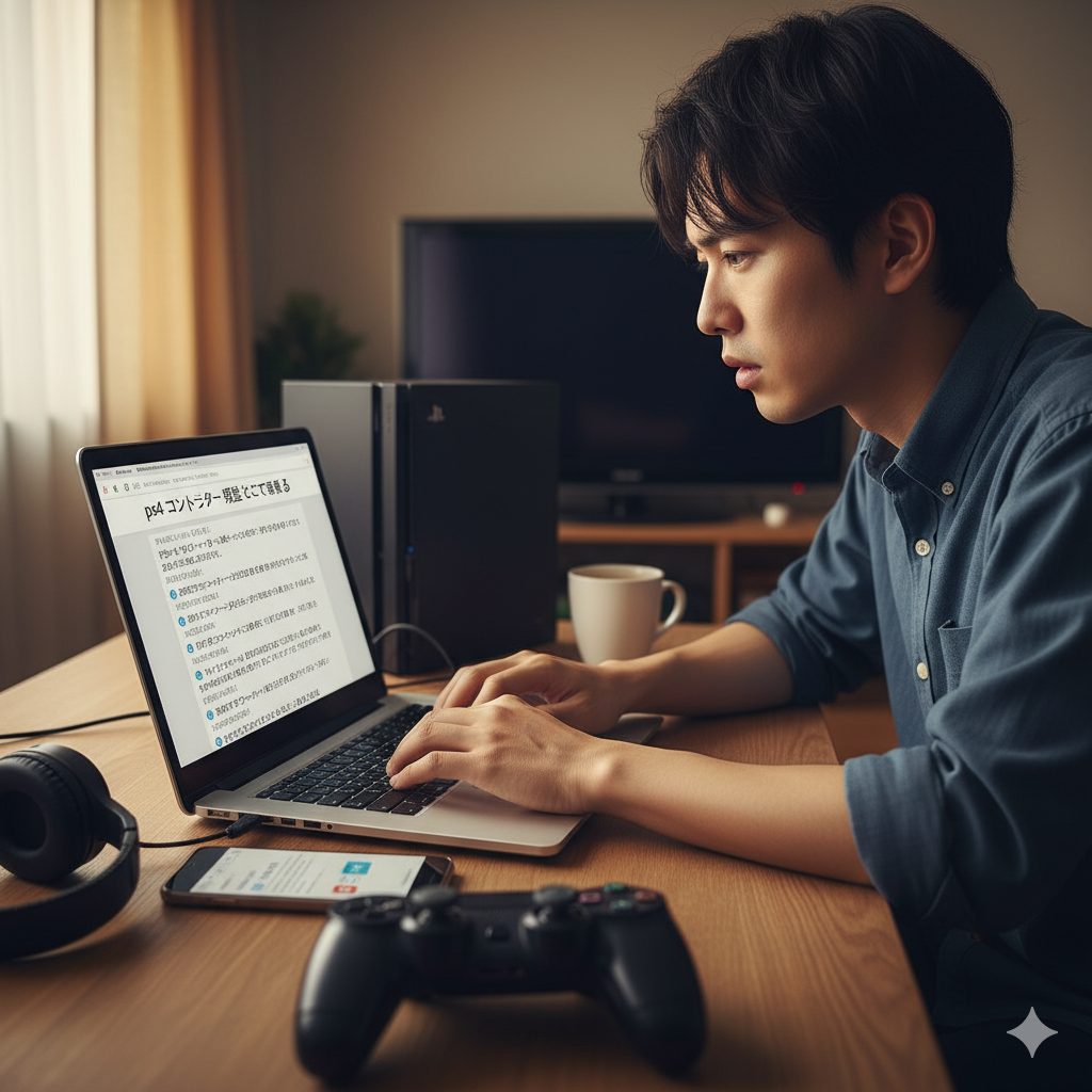 PS4のコントローラーが故障して困っている日本人男性が、解決策を求めてノートパソコンで調べている様子。