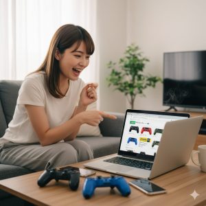 リビングのソファでノートパソコンを開き、AmazonのウェブサイトでPS4の新品コントローラーを見つけて喜んでいる日本人女性。