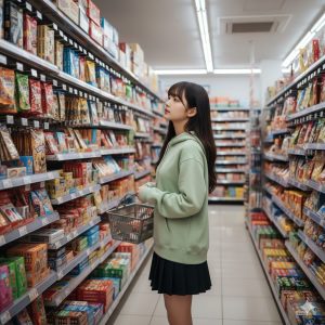 \<img src="h3\_konbini.jpg" alt="コンビニの菓子売り場でチョコサプガンダムを探すミニスカートの女性"\>
