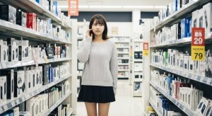 <img data-src="stores_online.jpg" alt="家電量販店でXiaomi洗濯機が見つからず困惑する女性">