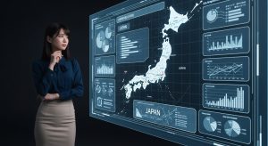 <img data-src="japan_status.jpg" alt="日本地図の前でXiaomi洗濯機の現状について考える女性">