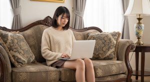 \<img src="h3\_amazon.jpg" alt="アマゾンなどの通販サイトをパソコンでチェックするミニスカートの女性"\>
