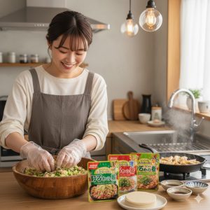 エプロンを着けた日本人女性が、キッチンで餃子の餡を混ぜている様子。手元には複数の餃子の素のパッケージがあり、奥では餃子が焼かれている。