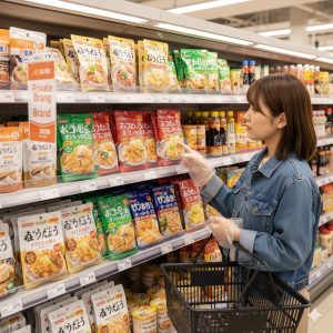 スーパーの中華調味料コーナーで、たくさんの合わせ調味料の中から餃子の素を選んでいる日本人女性。
