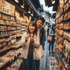  日本の古い町並みにあるお土産屋さんで、楽しそうにご当地マグネットを選んでいる若い日本人カップル。