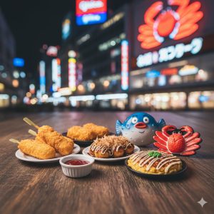 たこ焼き、お好み焼き、串カツなど、大阪名物の食べ物をリアルに再現したユニークなご当地マグネットの集合写真。