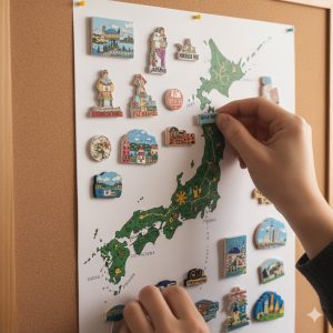日本地図が貼られたコルクボードに、旅の思い出として集めたご当地マグネットを丁寧に配置している人の手元。