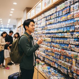 日本地図が貼られたコルクボードに、旅の思い出として集めたご当地マグネットを丁寧に配置している人の手元。