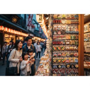 浅草の仲見世商店街で、雷門や東京タワー、寿司などをモチーフにしたご当地マグネットが並ぶ露店を興味深そうに見ている日本人家族。