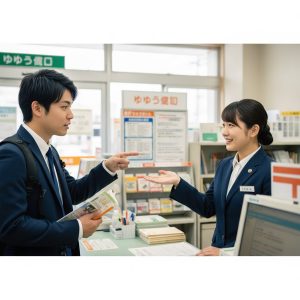 日本の郵便局のカウンターで、販売されている商品について尋ねている日本人観光客と、丁寧に対応する郵便局員。