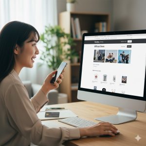 パソコンの画面でTOBE公式オンラインストアを確認している様子