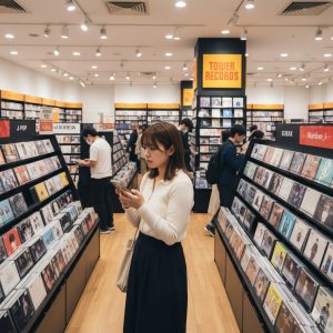 CDショップの店頭でNumber_iのCDを探す買い物客