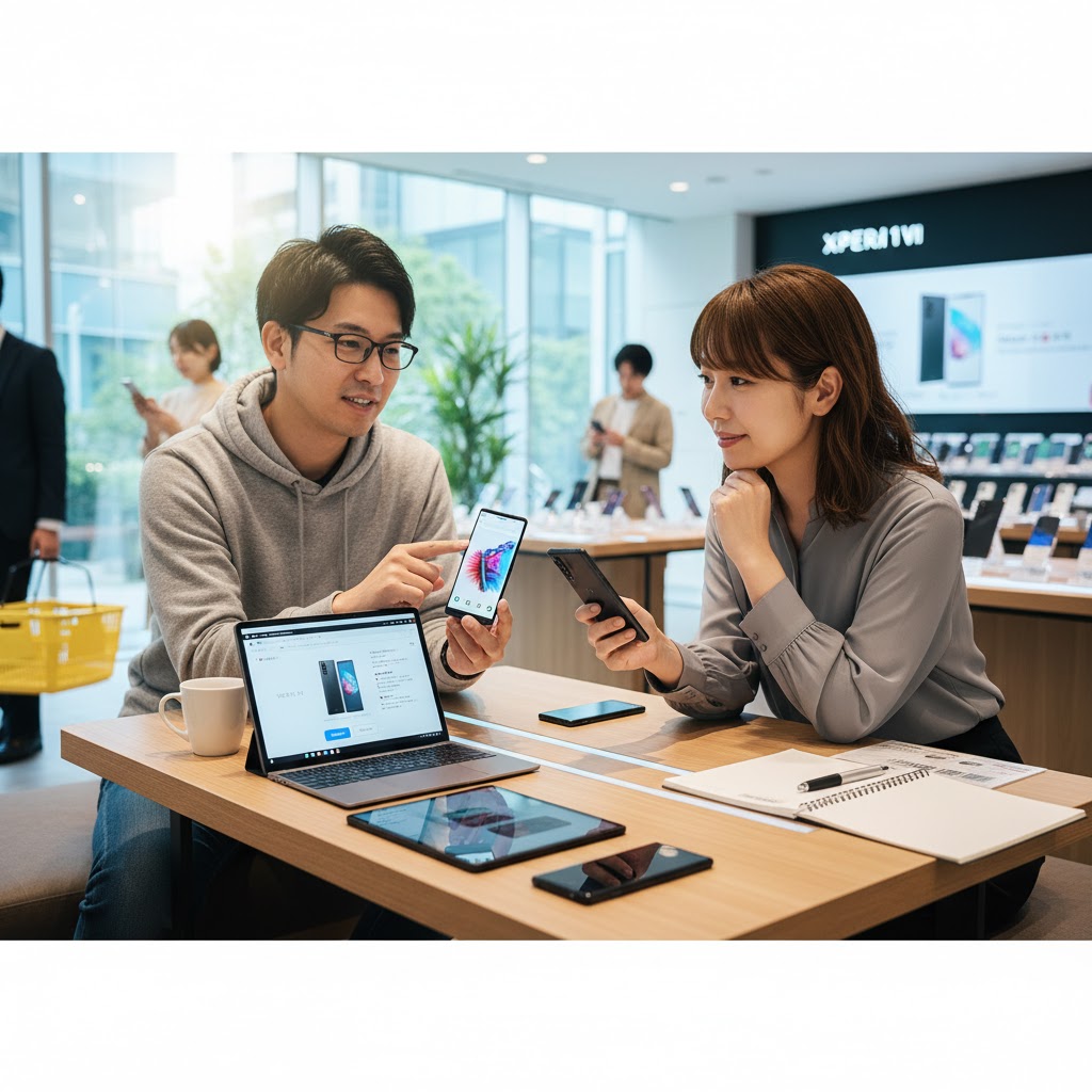 最新のXperia SIMフリーモデルについて、専門スタッフから説明を受ける日本人カップル。