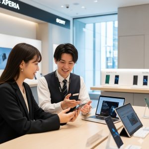 ソニーストアでXperiaスマートフォンの実機説明を受ける日本人女性。