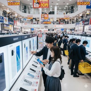 家電量販店のXperiaコーナーで、複数のモデルを見比べている日本人カップル。