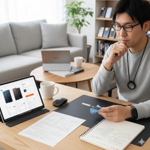 自宅のデスクでXperia SIMフリー版のデメリットについて熟考し、ノートに書き出している日本人男性。