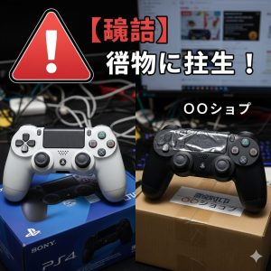 本物のPS4コントローラーと、見た目は似ているが細部が異なる偽物のPS4コントローラーが並べられている。