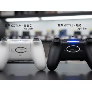 PS4コントローラーの初期型（CUH-ZCT1J）と新型（CUH-ZCT2J）を並べ、タッチパッド上部のライトバーの有無を比較している写真。