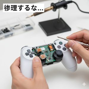 半田ごてと精密ドライバーを使ってPS4コントローラーを分解し、修理している様子。