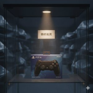 ガラスケースの中でスポットライトを浴び、「販売終了」の札がかかるPS4純正コントローラーのパッケージ。