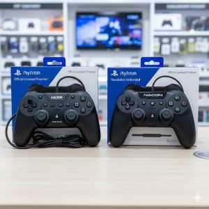 家電量販店のゲームコーナーで、ホリ（HORI）とナコン（NACON）のPlayStation公式ライセンス品のコントローラーが並べられている。