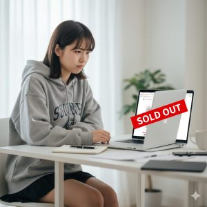 \<img src="h3\_jyp\_store.jpg" alt="公式ストアの売り切れ画面を見てがっかりするミニスカ姿の女性"\>