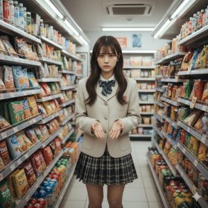 \<img src="h3\_convenience\_store.jpg" alt="コンビニの棚を探すミニスカ姿の女性"\>