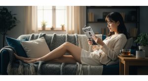 \<img data-src="ebook\_reading.jpg" alt="タブレットでsmart雑誌の電子版を読む、ミニスカート姿の若い日本人女性"\>