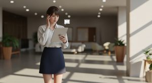 \<img data-src="all\_you\_can\_read\_issue.jpg" alt="タブレットで雑誌の読み放題サービスを利用中、内容の一部欠落に困惑する、ミニスカート姿の若い日本人女性"\>