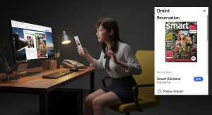 \<img data-src="latest\_issue\_reservation.jpg" alt="パソコンでsmart雑誌の最新号を予約している、ミニスカート姿の若い日本人女性"\>