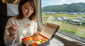 <img data-src="h3_summary.jpg" alt="新幹線の車内でえび千両ちらしを美味しそうに食べる女性旅行者">