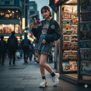 \<img data-src="h1\_title.jpg" alt="賑やかなニューススタンドの前でsmart雑誌を持つ、ミニスカート姿の若い日本人女性"\>