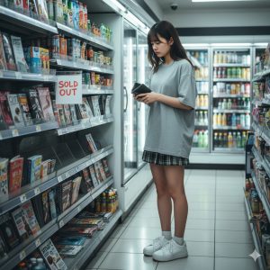 \<img data-src="convenience\_store\_sold\_out.jpg" alt="コンビニの空っぽの雑誌棚を見てがっかりする、ミニスカート姿の若い日本人女性"\>