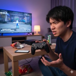 故障したPS4のコントローラーを手に困惑する日本人男性ゲーマー。リビングでゲームを中断している様子。