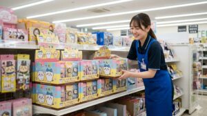 日本のスーパーのお菓子売り場で、ちいかわロリポップチョコチャームの在庫を品出しする女性店員。