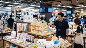 家電量販店のちいかわコーナーでロリポップチョコチャームを選ぶ男性客。