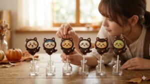 ハロウィン限定の黒猫コスチュームを着用したちいかわロリポップチョコチャームのコレクション。
