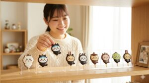 自宅でちいかわロリポップチョコチャームのコレクションを飾る幸せそうな日本人女性