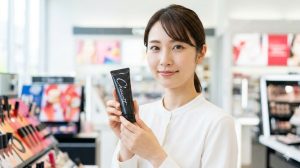 舞台メイク発祥のコスメとして大人気のチャコット。中でも汗に強く崩れにくいと評判の化粧下地「ラスティングベース」を手に取り、笑顔を見せる日本人女性。
