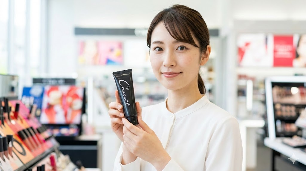 舞台メイク発祥のコスメとして大人気のチャコット。中でも汗に強く崩れにくいと評判の化粧下地「ラスティングベース」を手に取り、笑顔を見せる日本人女性。
