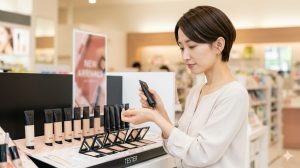 最新のコスメティックアイテムが並ぶ、日本の都市部にある明るく清潔な大型バラエティショップのコスメ売り場。テスターを実際に手にとって、色味やテクスチャーを確認できるため、自分の肌色に合うチャコット下地を見つけやすい。